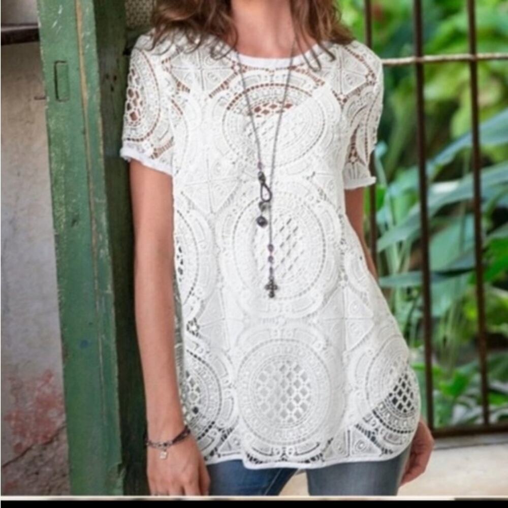Sundance Shadow Dance White Crochet Lace
Eyelet Open Knit Boho Blouse Top Tee XS